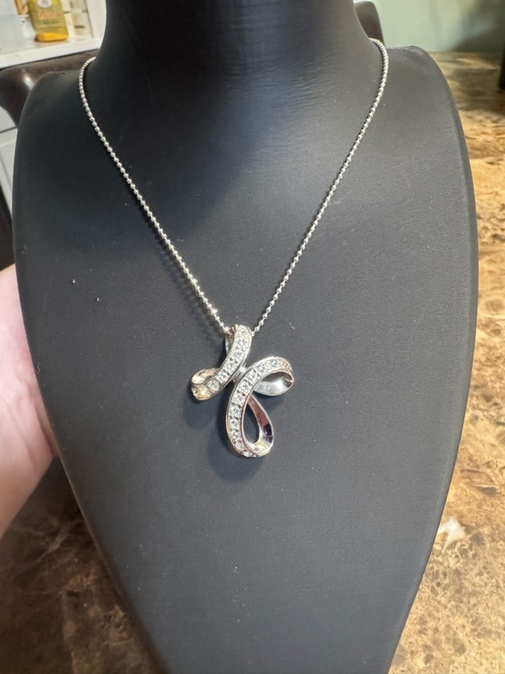 Lia Sophia Silver-Tone Ribbon Pendant Necklace with Clear Crystals